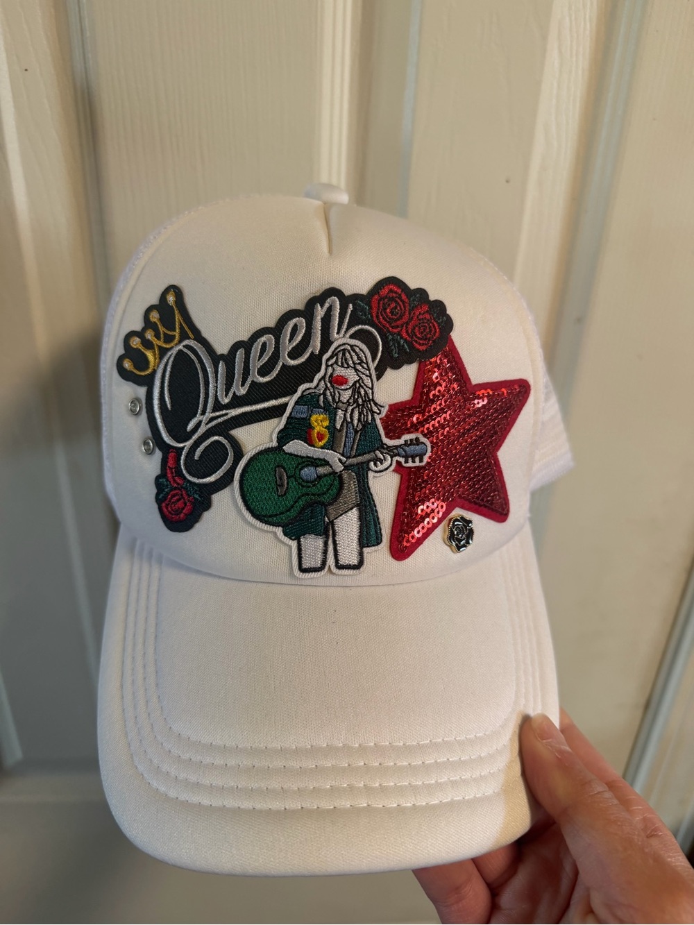 Trucker hat White "Queen" Embroidered  Cap with Red Star Accent